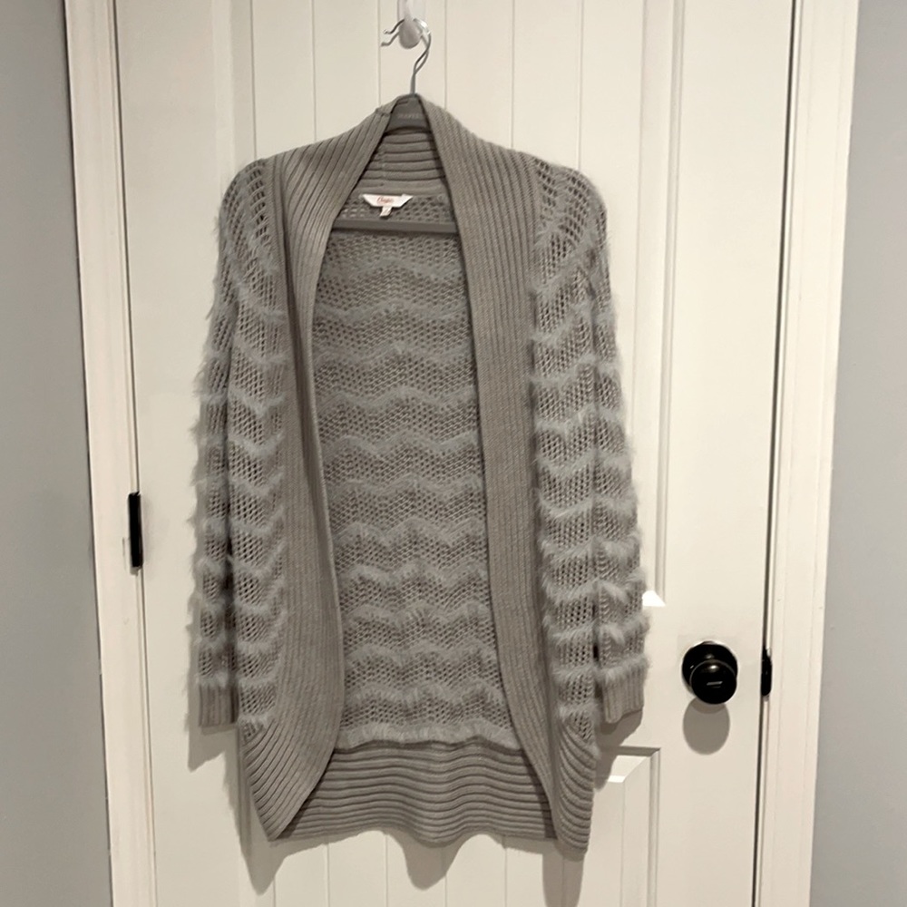 Candie’s silver/grey cardigan. Super soft and fuzzy.